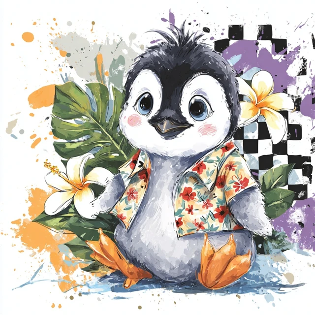 Baby Penguin in Hawaii Shirt Watercolor Art