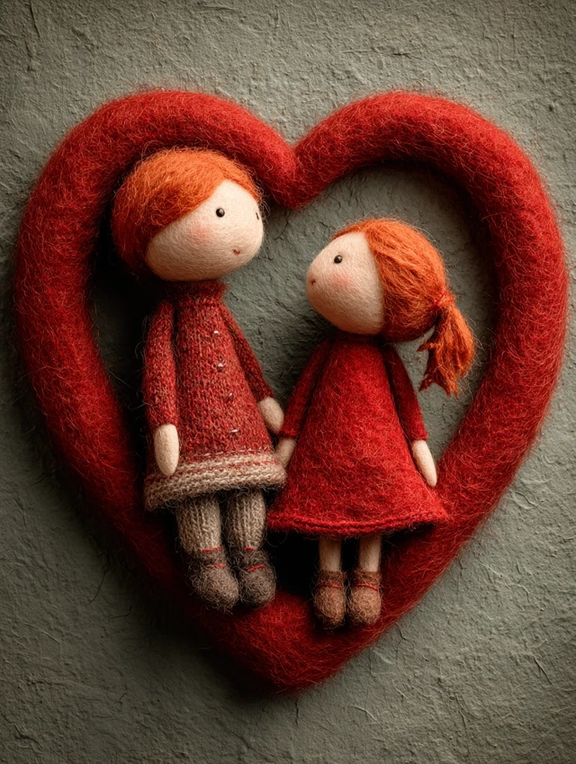 Mother and Daughter Dolls in a Wool Heart