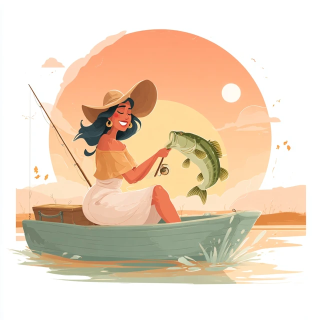 Woman Fishing on Boat Kawaii Illustration