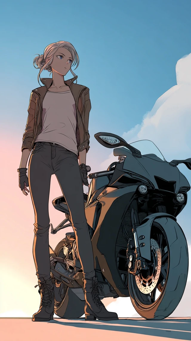 Anime Biker Girl with Motorcycle Seaside Illustration