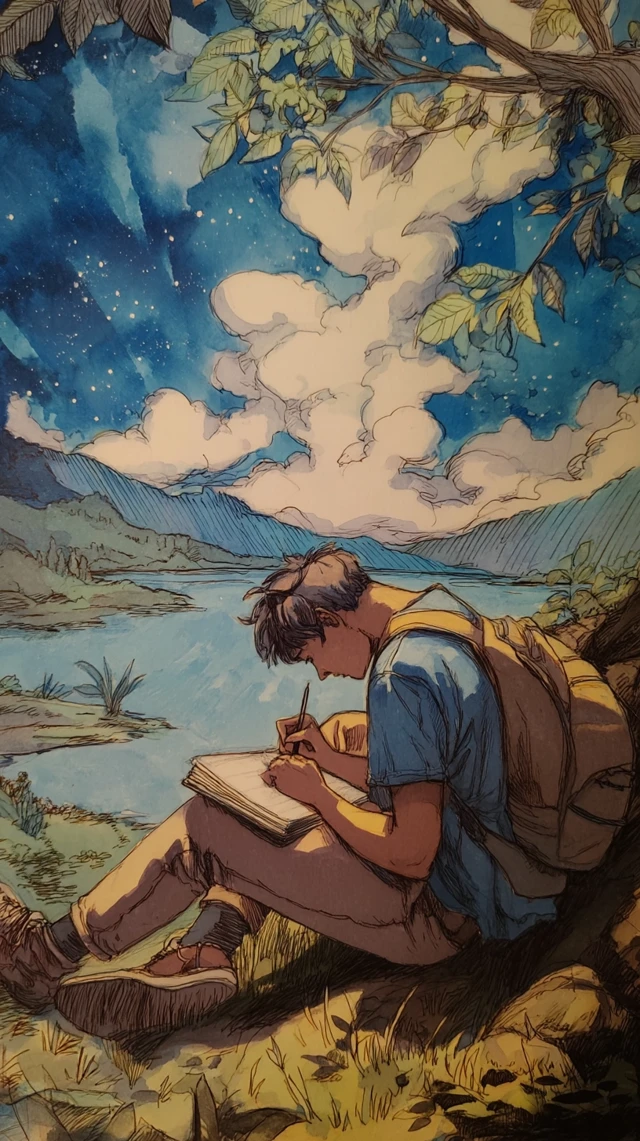 Teenager Journaling in Nature Magical Anime Art