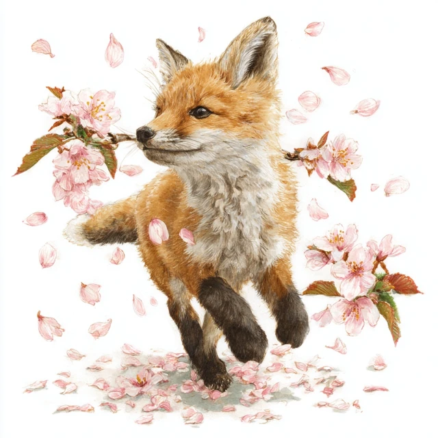 Fox Kit Playing in Cherry Blossoms Watercolor Art