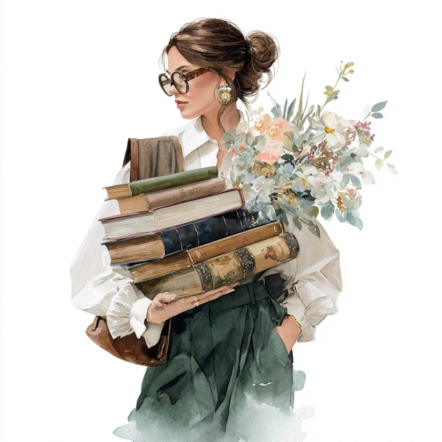 Watercolor Woman with Books and Flowers Academia Style