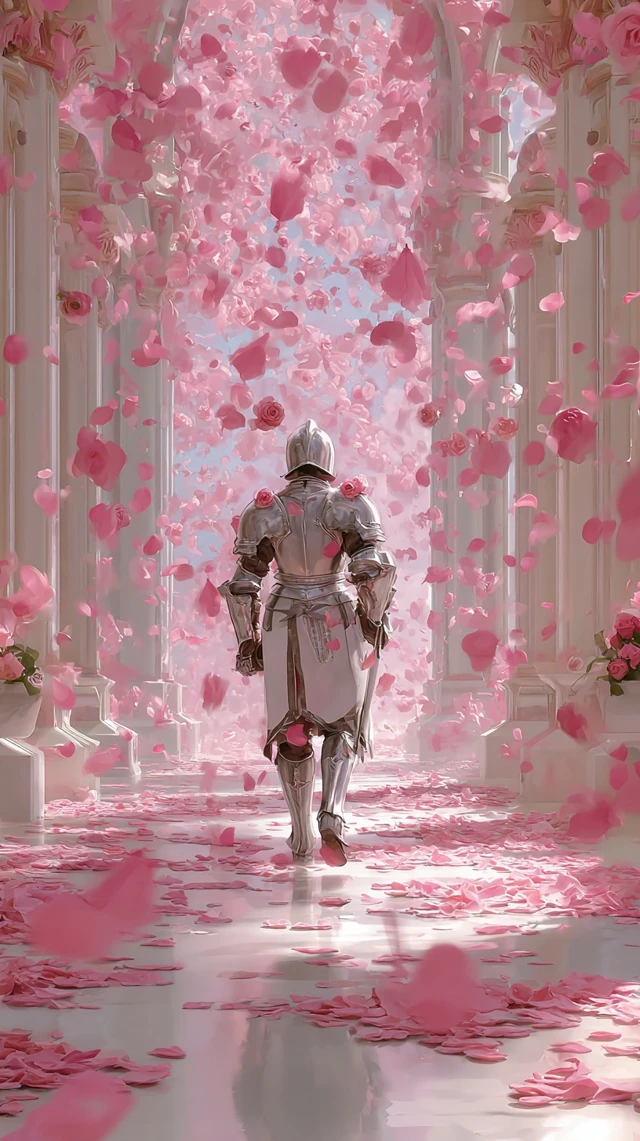 Knight in Armor with Pink Roses Fantasy Art