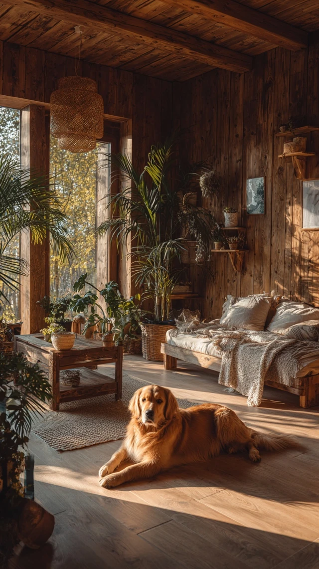 Cozy Wooden Living Room with Golden Retriever