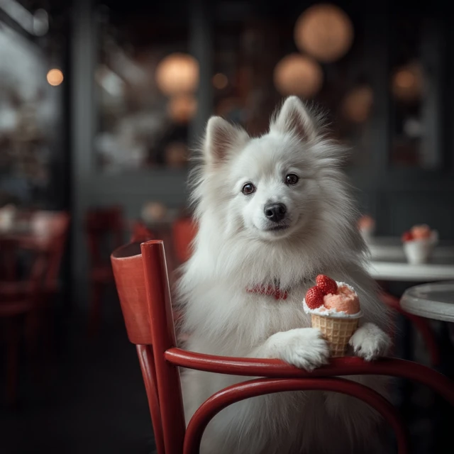 Cute Spitz Dog Enjoying Ice Cream in a Restaurant