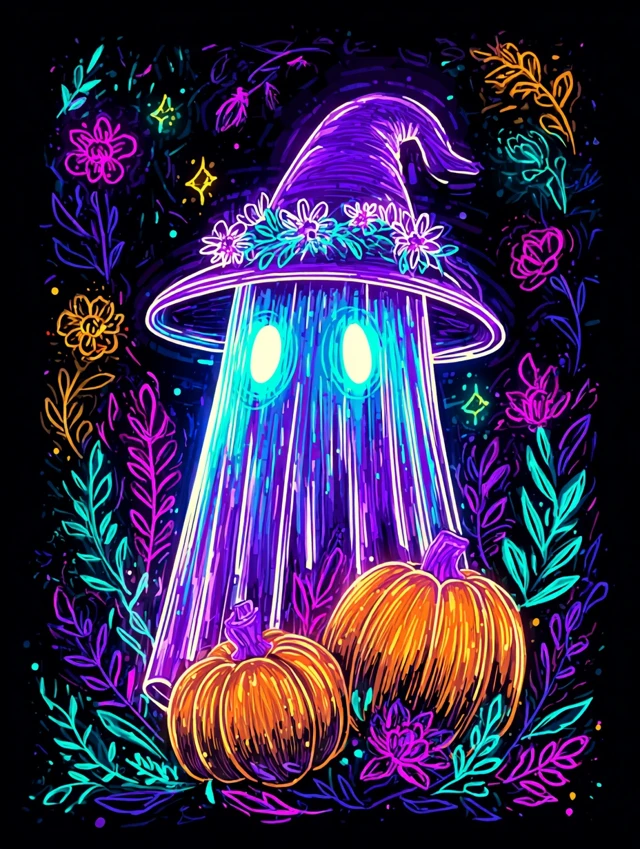 Neon Halloween Ghost with Witch Hat and Pumpkins