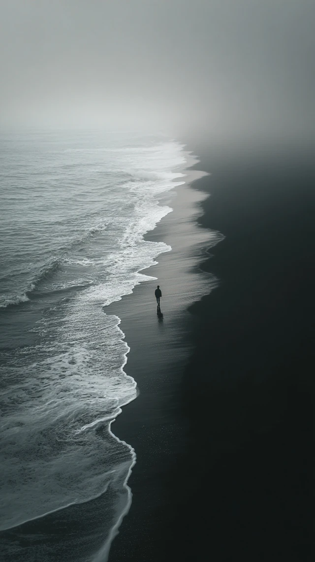 Black Sand Beach Foggy Morning Lone Figure