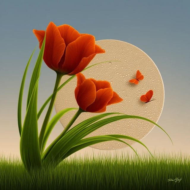 Spring Sunset Tulips and Butterflies