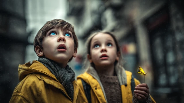 Boy and Girl Amazed by a Butterfly Street Photography