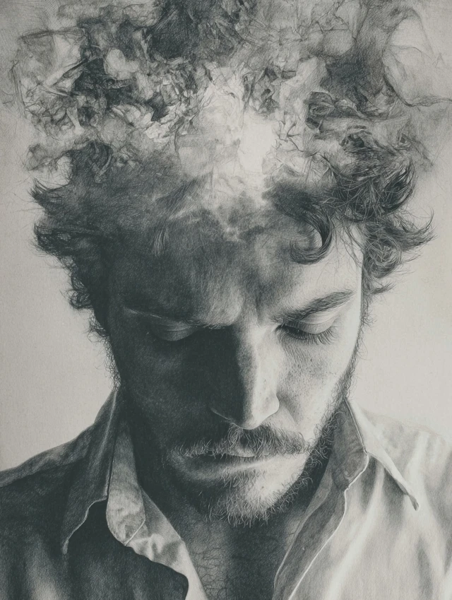 Man Daydreaming Hyperrealistic Pencil Drawing