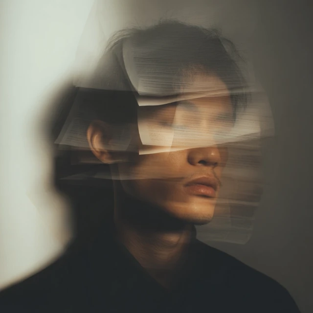 Asian Man Portrait with Paper Pages Blur Effect