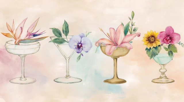 Watercolor Cocktail Glasses with Floral Decorations