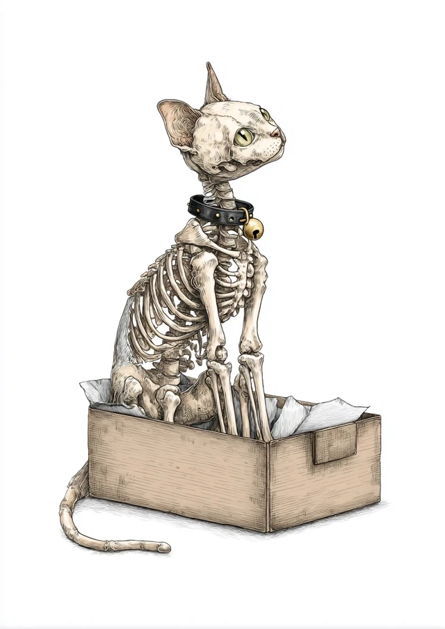 Skeleton Cat in a Box Illustration
