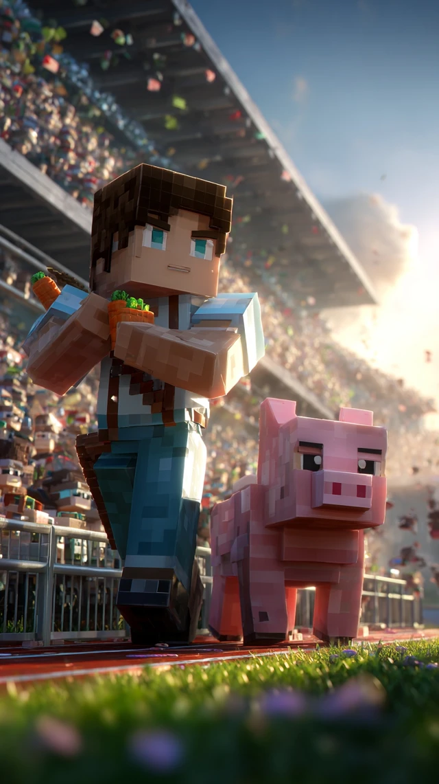 Minecraft Steve and Pig Pixelated Racing