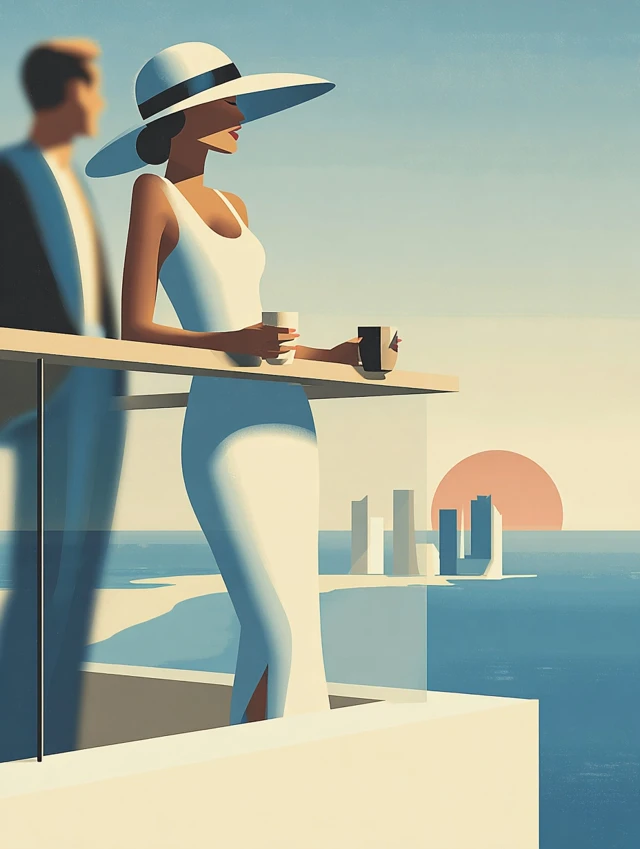 Balcony Sunset Couple with Coffee Minimal Illustration