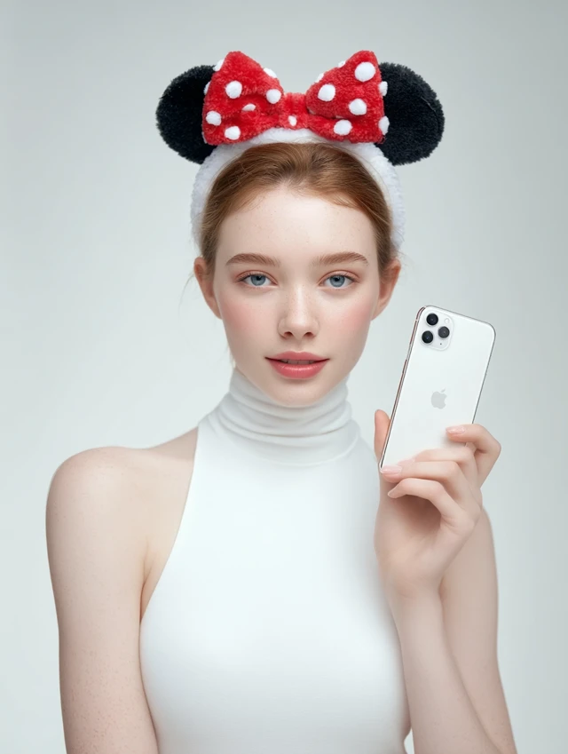 Cute Woman with iPhone Minnie Mouse Headband Studio Photo