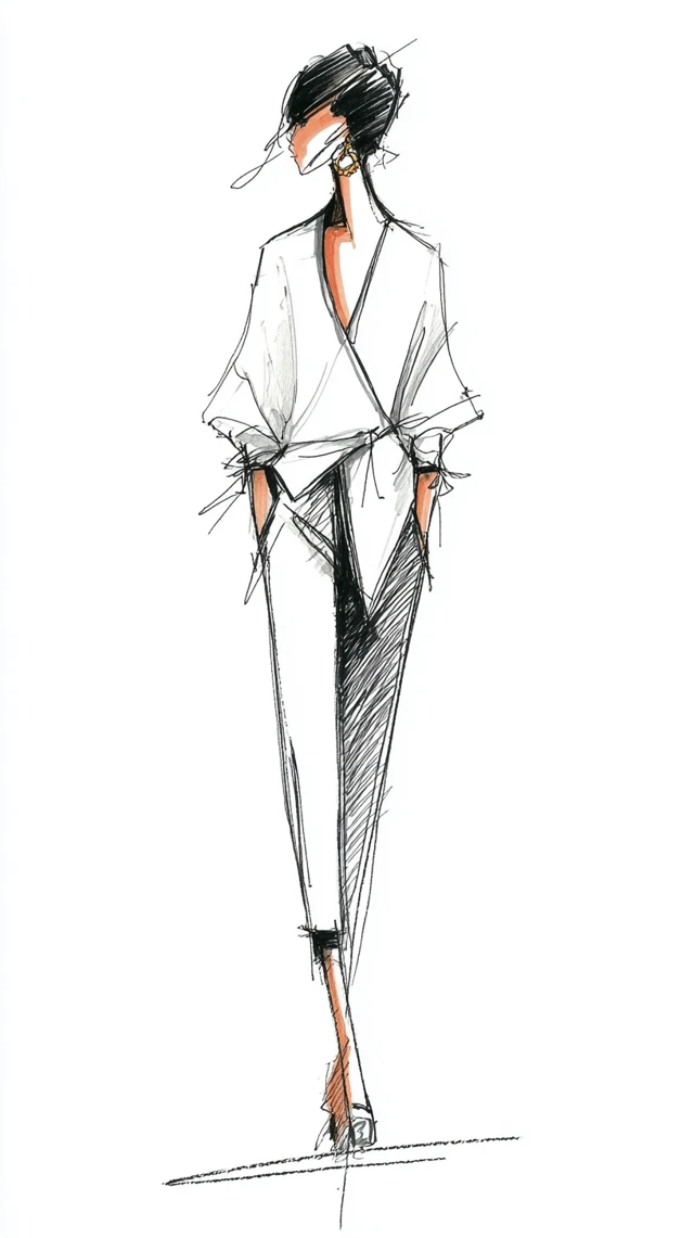 Fashion Illustration Hand Drawn Model in Modern Outfit
