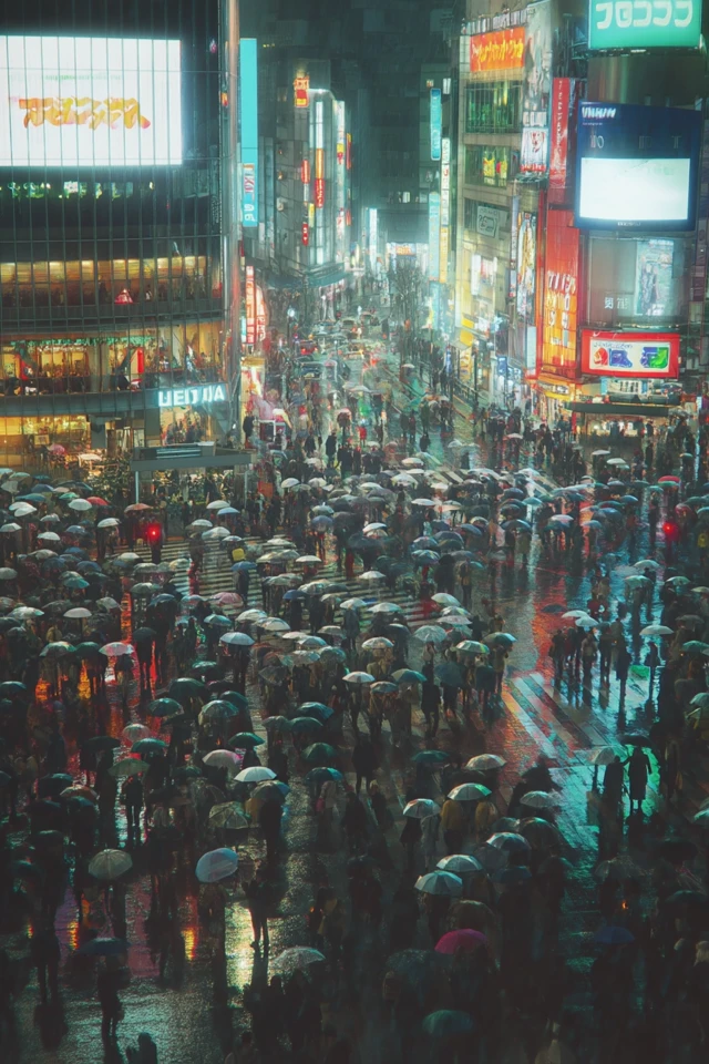 Shibuya Crossing at Night Rain and Neon Lights
