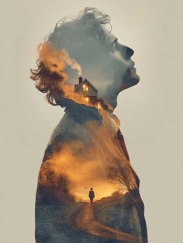 Double Exposure Man and Home Longing