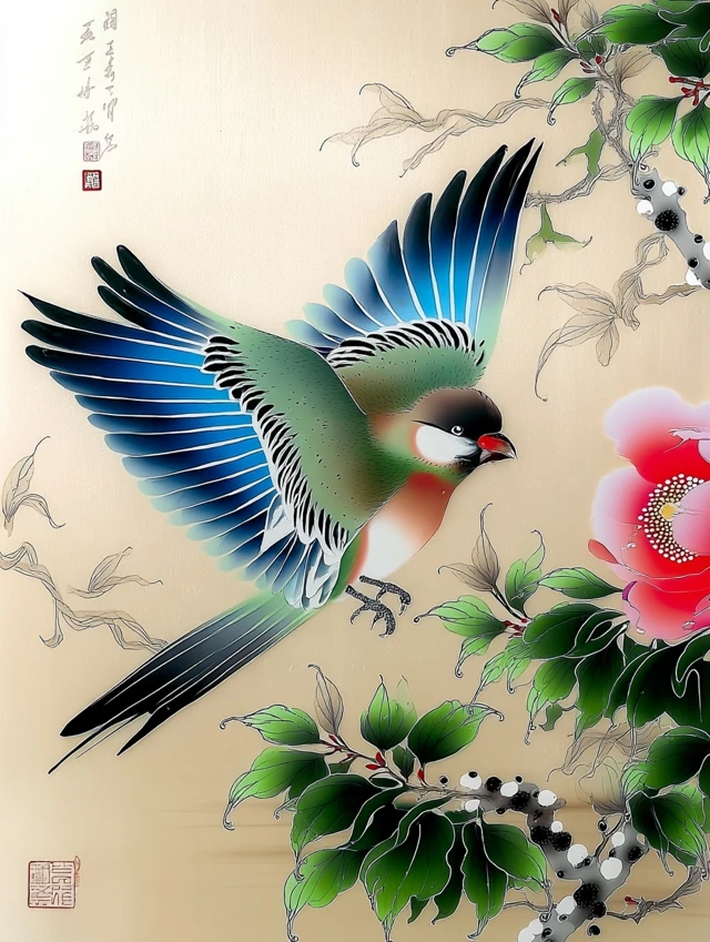 Elegant Blue Bird Gongbi Painting