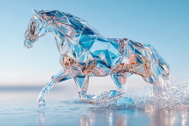 Crystal Horse Running on Water 3D Rendering