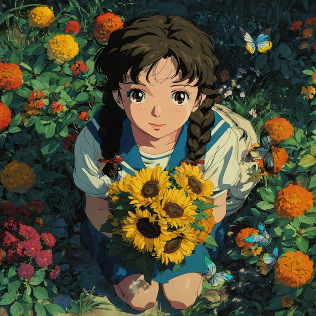 Mei in a Flower Bed Retro Anime Illustration