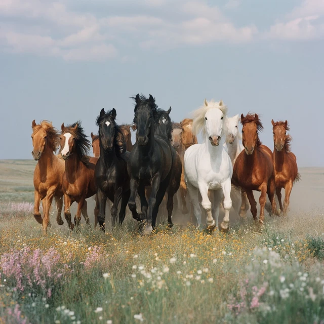 Nine Horses Running Across the Grassland