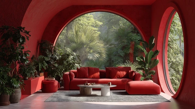 Modern Red Living Room with Lush Foliage View