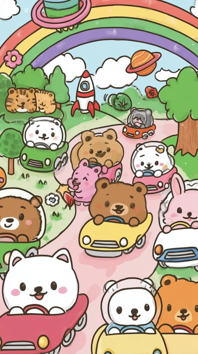 Cute Cartoon Space Race Rocket Cars Kawaii Style