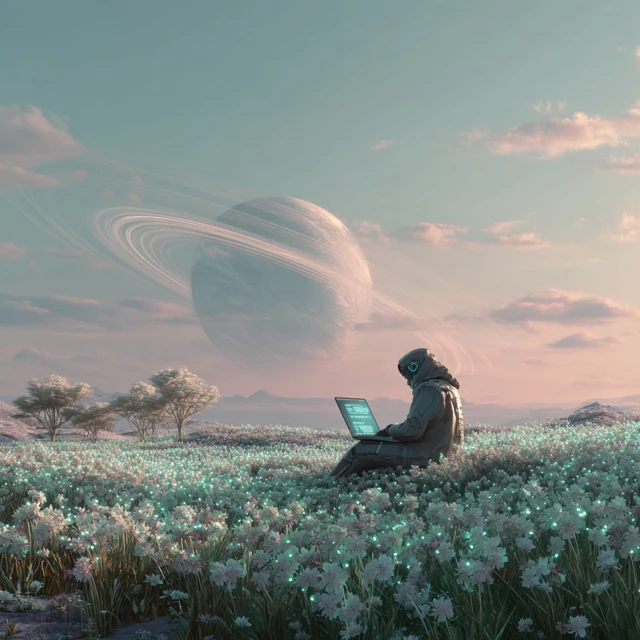 Futuristic Coder in a Dreamy Meadow SciFi Art