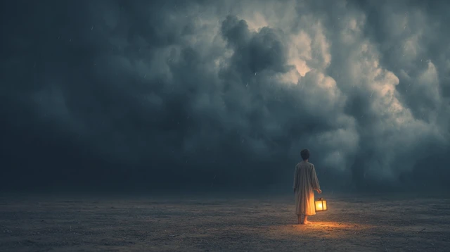 Person With Lantern In Storm Moody Landscape