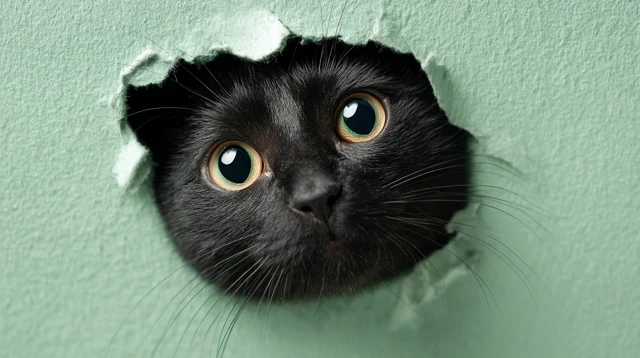 Cute Black Cat Peeking Through A Hole