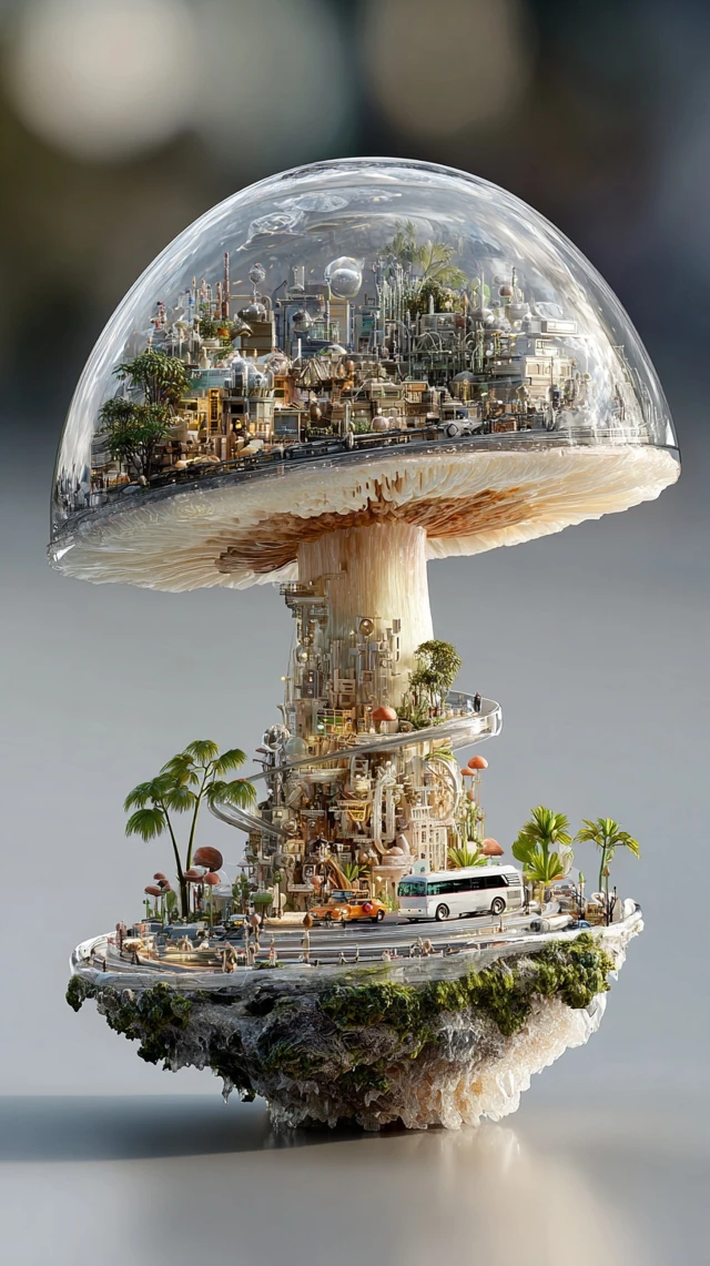 Futuristic Mushroom City Inside Highly Detailed Artwork