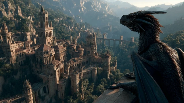 Dragon Overlooking Medieval Fortress
