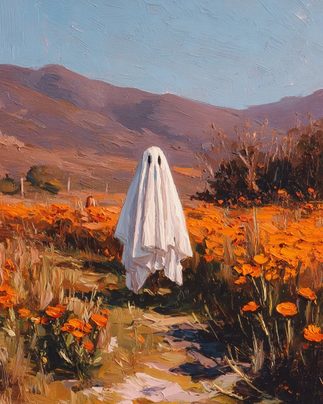 Vintage Ghost in a Pumpkin Patch Oil Painting