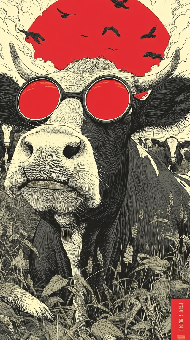 Bauhaus Cow Advertising Poster with Red Spectacles