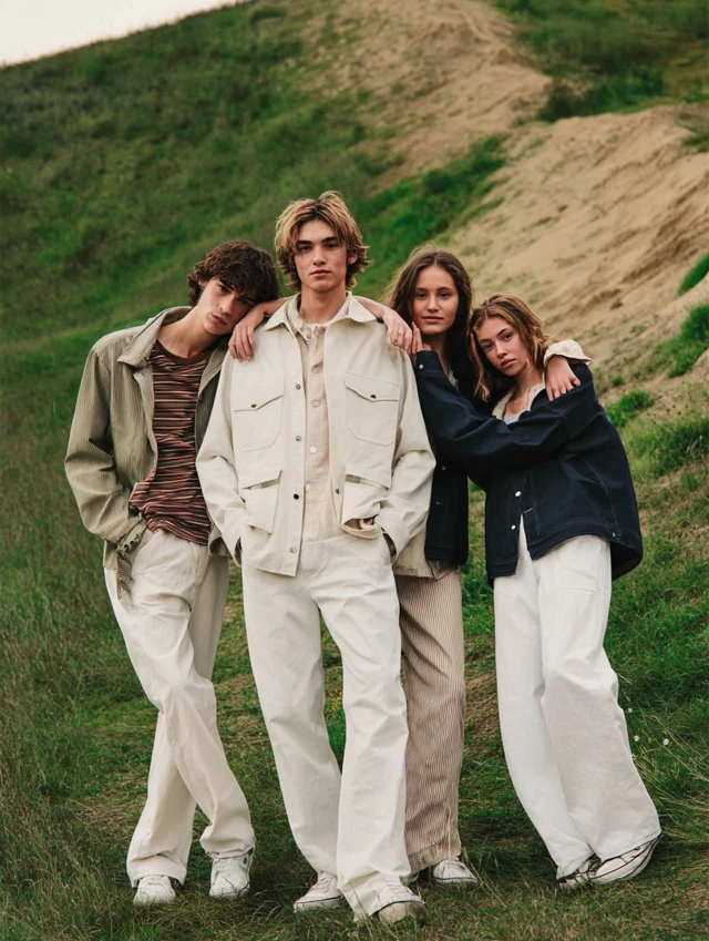 Denim Fashion Editorial Young Models Grassy Hillside