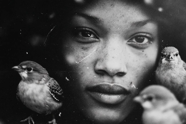 Black and White Portrait of Woman with Birds