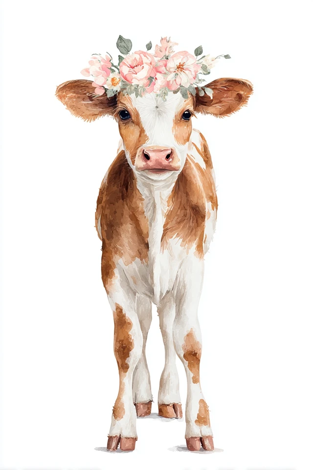 Baby Cow Watercolor Art Flower Crown