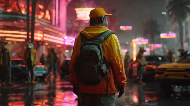 Cyberpunk Ape at Casino Entrance