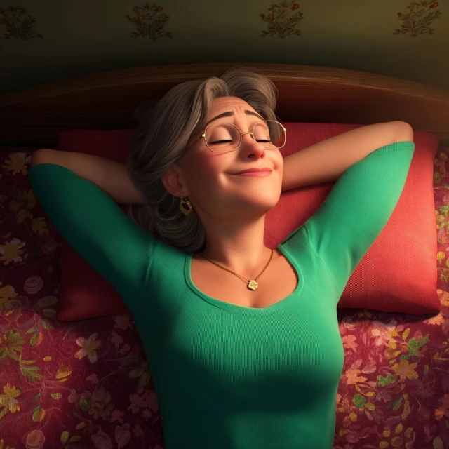 Smiling Woman Relaxing in Bed - Pixar Style