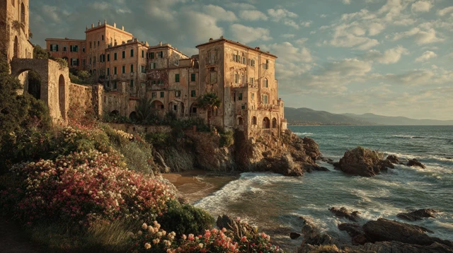 Coastal Italian Town Landscape Wes Anderson Style