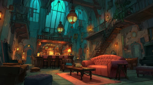 Fantasy Bar Interior with Magic and Technology