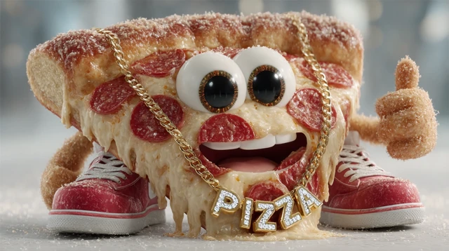 Cute Pizza Mascot 3D Render with Gold Chain