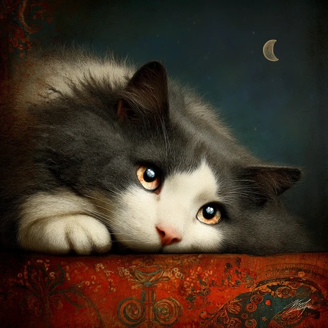 Good Night from a Cute Cat Painting