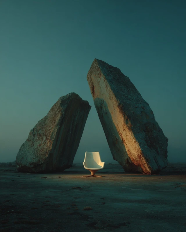 Minimalist White Chair and Dark Rocks Photography