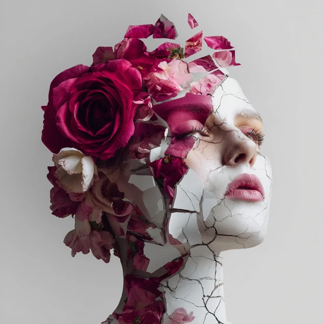 Abstract Woman Face with Rose and Cracks Art