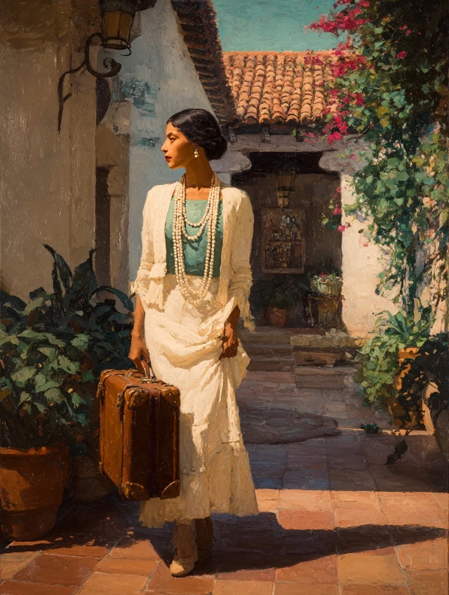 Hispanic Woman in Latin American Courtyard Oil Painting