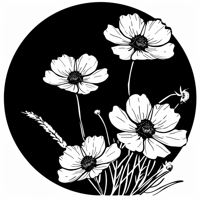 Black and White Cosmos Flower Logo